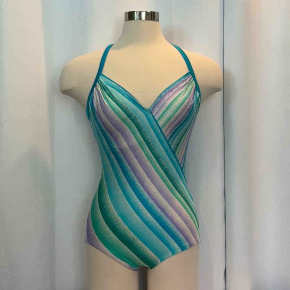 Vintage De Weese Design One Piece Blue Green Lavender Swimsuit Women Size 12/34